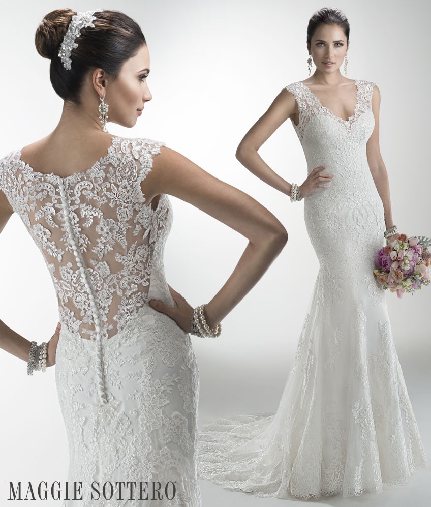 Melanie: Delicate corded lace on tulle skims the shoulders and neckline of this lightweight gown while buttons trail a zipper closure accenting an illusion back.